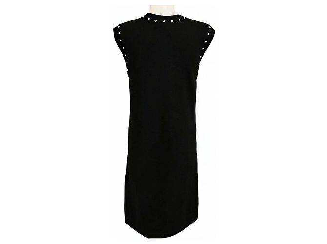 Vestido de malha de algodão e cashmere Chanel preto com ornamentos de pérolas falsas e placa com logo CC - vista 3