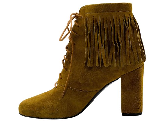 Stivaletti stringati con frange in camoscio Cognac Saint Laurent Marrone - vista 3