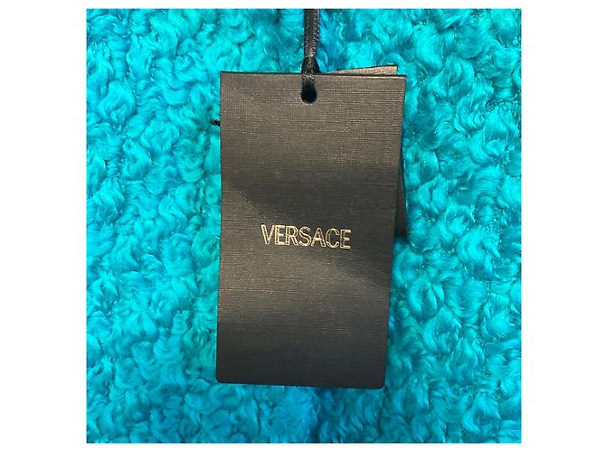 Abrigo Versace de lana bouclé Astrakan turquesa con botones de Medusa Azul - vista 6