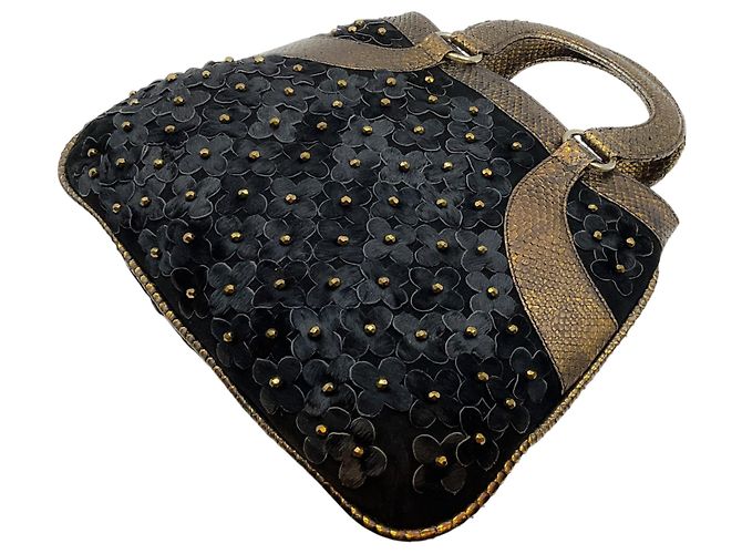 Bolsa Satchel Oscar de la Renta em couro de bezerro preto com flores e alças em python bronze - vista 2