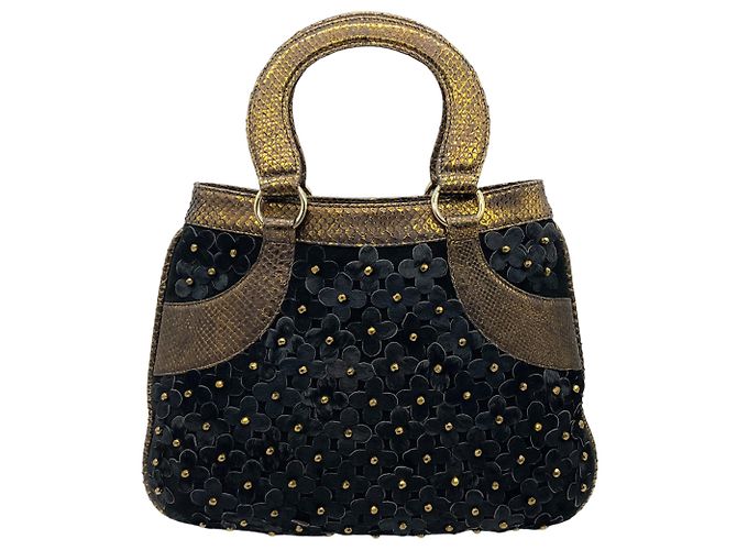 Bolsa Satchel Oscar de la Renta em couro de bezerro preto com flores e alças em python bronze - vista 3
