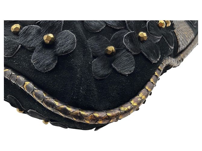 Bolsa Satchel Oscar de la Renta em couro de bezerro preto com flores e alças em python bronze - vista 5