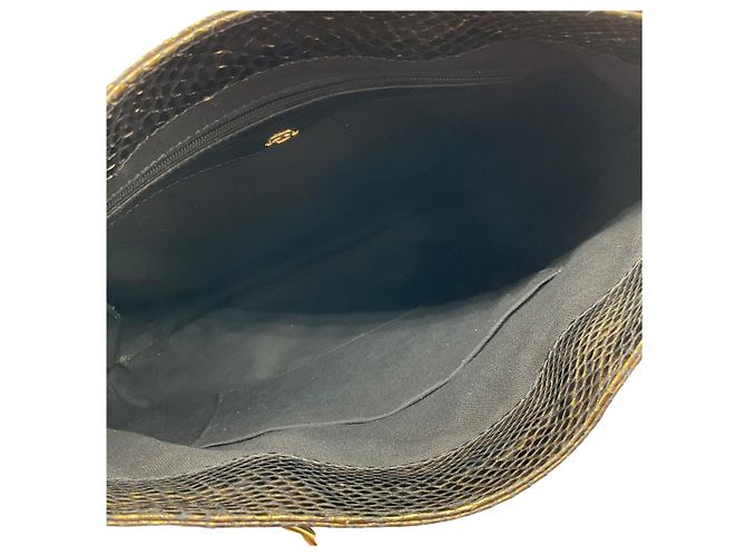 Bolsa Satchel Oscar de la Renta em couro de bezerro preto com flores e alças em python bronze - vista 7