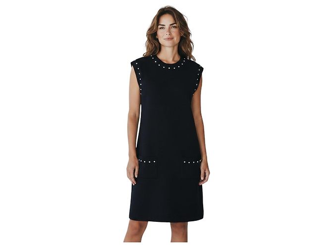 Vestido de malha de algodão e cashmere azul marinho com ornamentos de pérolas falsas e placa de logo CC da Chanel - vista 6