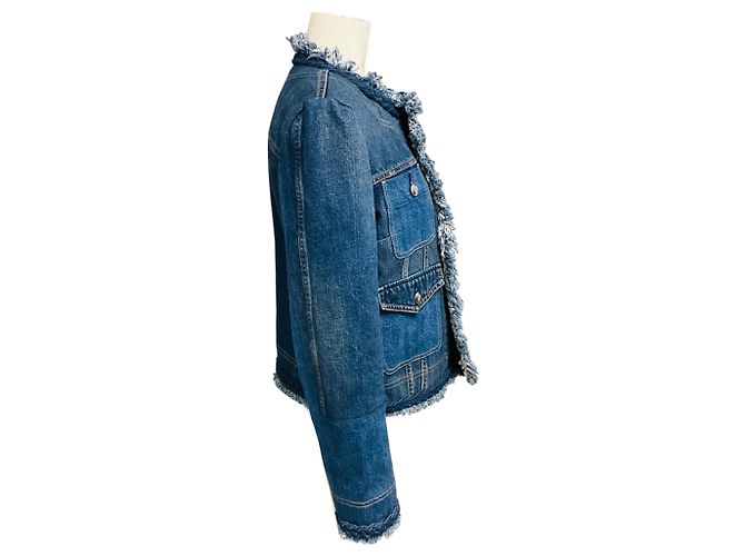 Giacca di jeans Junya Watanabe blu con bordo intrecciato e frange - vista 2