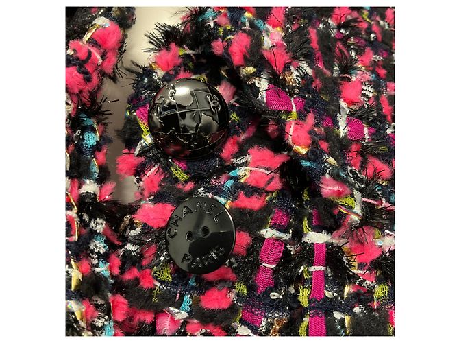 Chanel Pink / Black Multi Silk Lined Wool Tweed Coat with CC Logo Globe Buttons Multiple colors - view 4