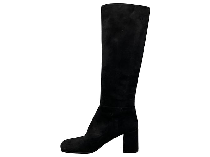 Prada Hohe Absatzstiefel aus Wildleder Schwarz / Logo-Plakette Silber - Ansicht 3
