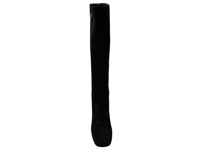 Prada Hohe Absatzstiefel aus Wildleder Schwarz / Logo-Plakette Silber - Ansicht 4