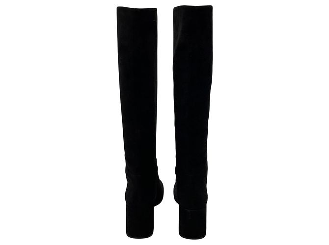 Prada Hohe Absatzstiefel aus Wildleder Schwarz / Logo-Plakette Silber - Ansicht 6