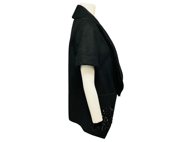 Vera Wang Charcoal Grey Sequin Embellished Short Sleeved Wool Jacket - view 2