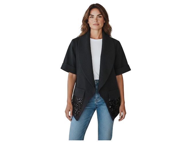 Vera Wang Charcoal Grey Sequin Embellished Short Sleeved Wool Jacket - view 5