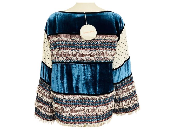 See by Chloé Top in tweed e velluto con frange See by Chloe Blue Multi Deep Water - vista 3