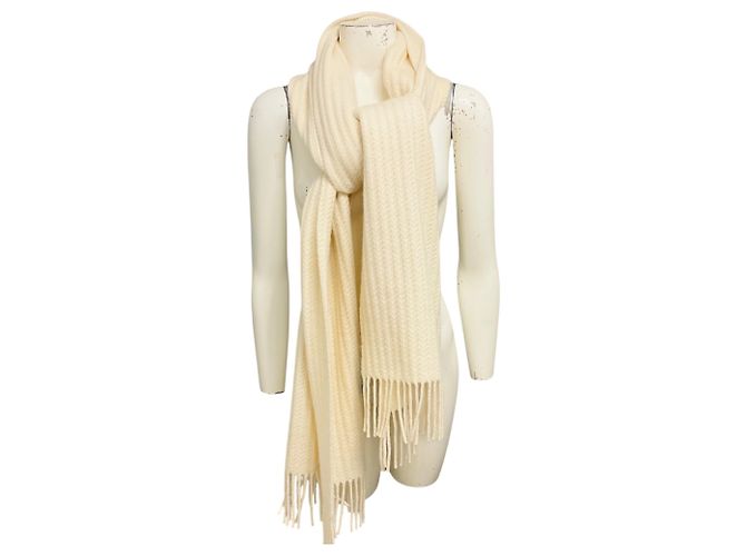Sciarpa lunga in maglia di cashmere Christian Dior avorio con logo CD, ape ricamata e frange Beige - vista 3