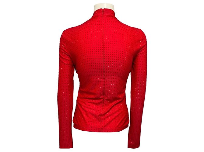 Salvatore Ferragamo Top stretch in nylon a maniche lunghe Ferragamo rosso con cristalli - vista 3