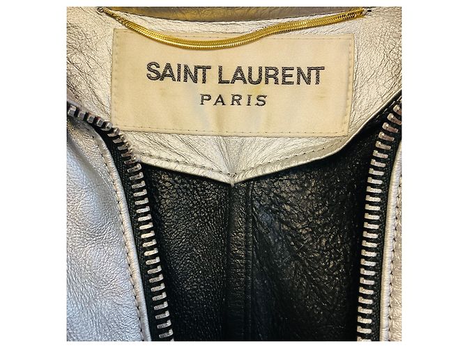 Saint Laurent Silver Metallic Zip Front Leather Cape Silvery - view 4