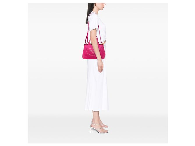 Borsa Tote Satchel Prada Small Canvas Canapa Logo Rosa - vista 6