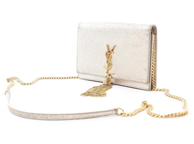 Autre Marque Borsa a tracolla Saint Laurent Paris Kate Small Tassel in glitter argento Nero - vista 2