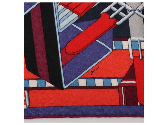 Hermès Carré Géant "SANGLES EN ZIGZAG" Foulard in Cashmere x Seta Blu x Rosso Blu navy - vista 11