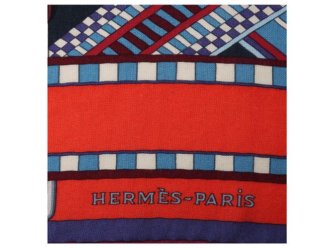 Hermès Carré Géant "SANGLES EN ZIGZAG" Foulard in Cashmere x Seta Blu x Rosso Blu navy - vista 12