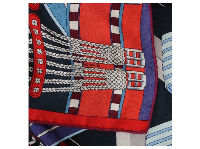 Hermès Carré Géant "SANGLES EN ZIGZAG" Foulard in Cashmere x Seta Blu x Rosso Blu navy - vista 14