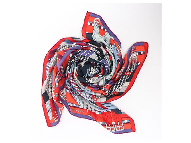Hermès Carré Géant "SANGLES EN ZIGZAG" Foulard in Cashmere x Seta Blu x Rosso Blu navy - vista 15