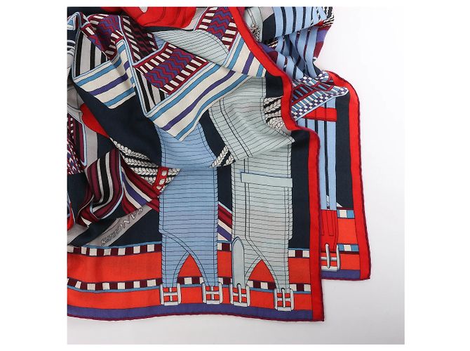 Hermès Carré Géant "SANGLES EN ZIGZAG" Foulard in Cashmere x Seta Blu x Rosso Blu navy - vista 2