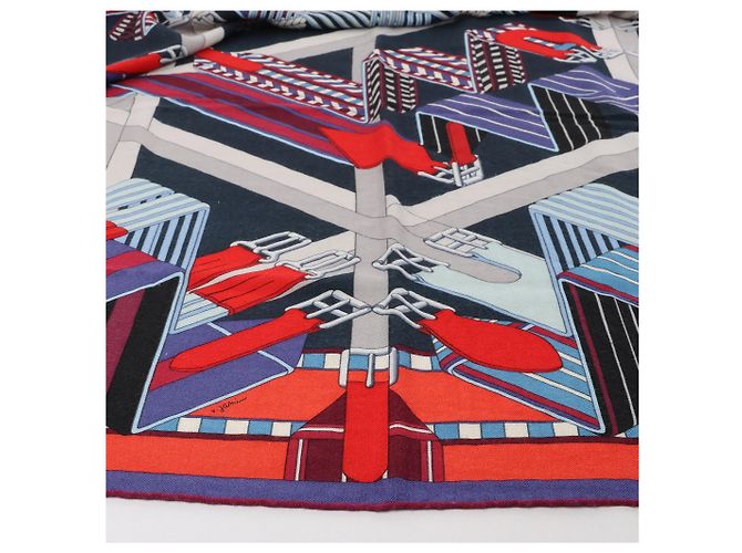 Hermès Carré Géant "SANGLES EN ZIGZAG" Foulard in Cashmere x Seta Blu x Rosso Blu navy - vista 5