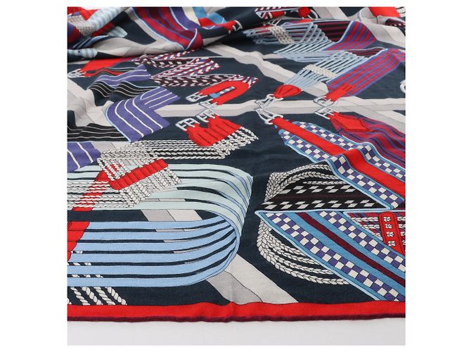 Hermès Carré Géant "SANGLES EN ZIGZAG" Foulard in Cashmere x Seta Blu x Rosso Blu navy - vista 6
