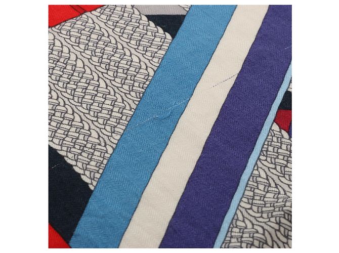 Hermès Carré Géant "SANGLES EN ZIGZAG" Foulard in Cashmere x Seta Blu x Rosso Blu navy - vista 9