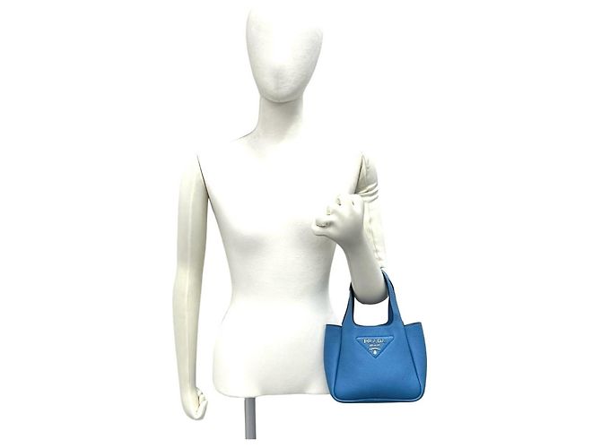 Mini borsa tote Prada in Vitello Daino con logo triangolare Blu - vista 2