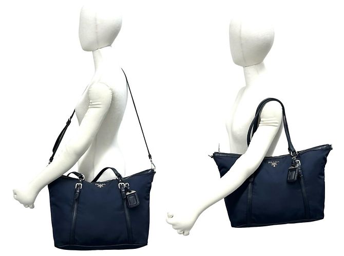 Prada Logo Hardware Nylon Leder Tote Bag Schwarz Marineblau - Ansicht 2