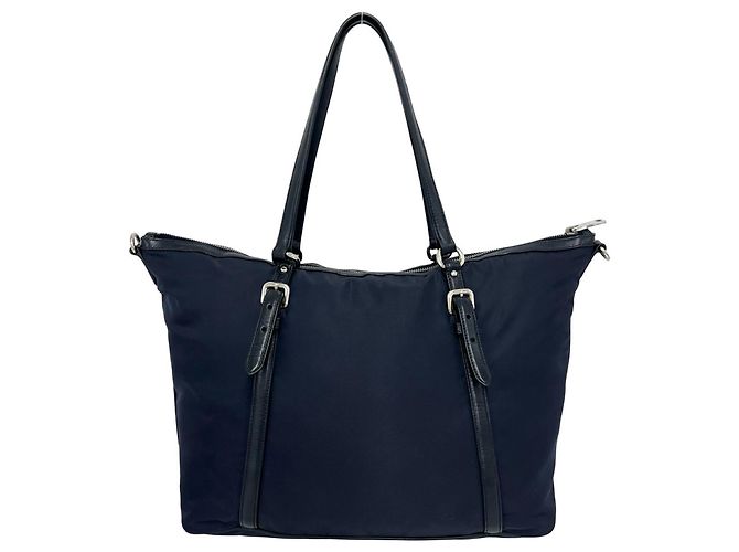 Prada Logo Hardware Nylon Leder Tote Bag Schwarz Marineblau - Ansicht 3