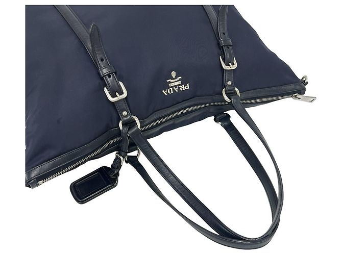 Prada Logo Hardware Nylon Leder Tote Bag Schwarz Marineblau - Ansicht 4