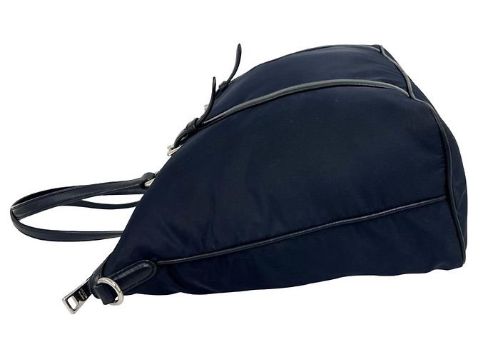 Prada Logo Hardware Nylon Leder Tote Bag Schwarz Marineblau - Ansicht 5
