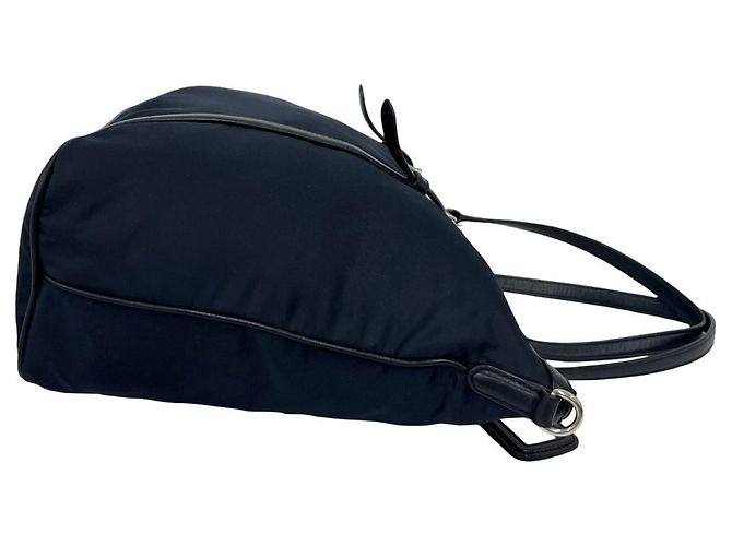 Prada Logo Hardware Nylon Leder Tote Bag Schwarz Marineblau - Ansicht 6