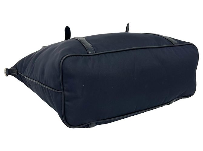 Prada Logo Hardware Nylon Leder Tote Bag Schwarz Marineblau - Ansicht 7