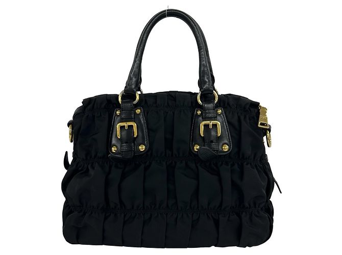 Tote Borsa a mano PRADA in nylon raggruppato e pelle Nero - vista 3