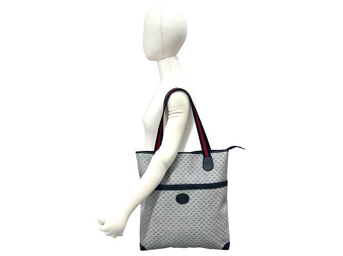 Gucci Vintage Sherry Line Micro GG Logo Leder Tote Bag Rot Marineblau - Ansicht 2