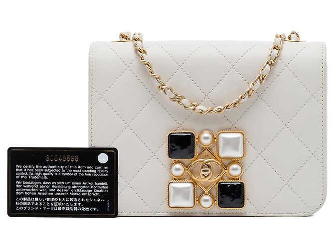 Chanel White Small CC Quilted Calfskin Crystal Pearl Full Flap Bianco - vista 7