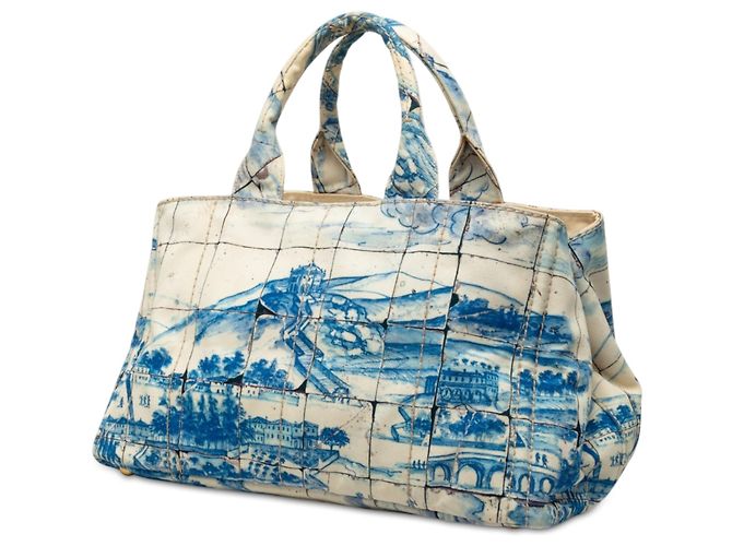 Borsa Satchel Prada Blue Large Canvas Canapa Azulejos - vista 2
