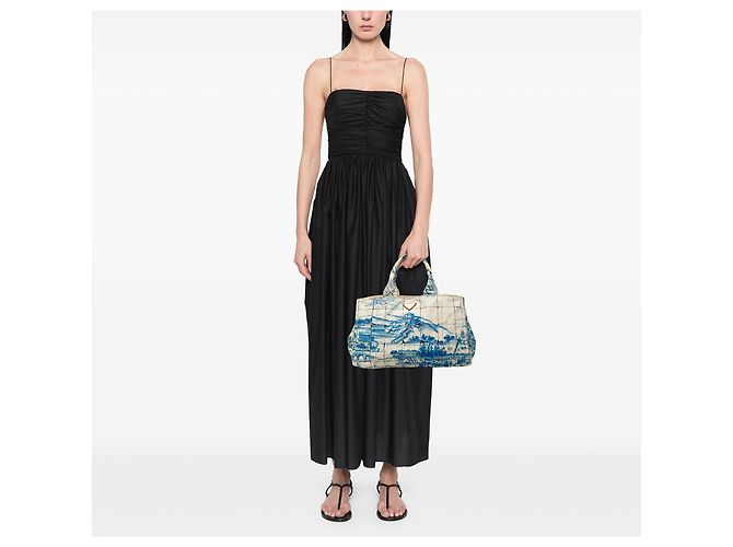 Borsa Satchel Prada Blue Large Canvas Canapa Azulejos - vista 8