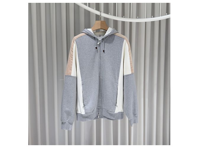 Brunello Cucinelli Set Pantaloni e Felpa con Cappuccio e Zip in Cotone Training Grigio Marrone - vista 2