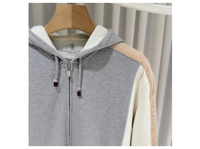Brunello Cucinelli Set Pantaloni e Felpa con Cappuccio e Zip in Cotone Training Grigio Marrone - vista 3
