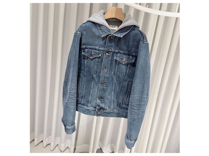 Céline Hood Back Logo Denim Trucker Jacket Blue - view 2
