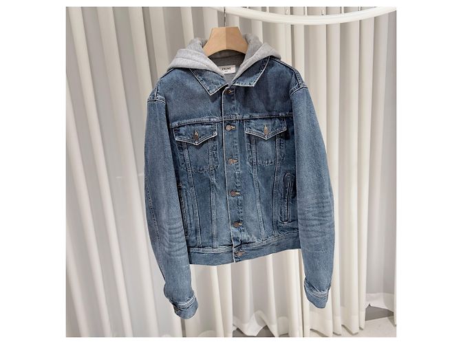 Céline Hood Back Logo Denim Trucker Jacket Blue - view 3
