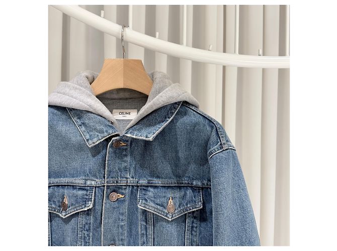 Céline Hood Back Logo Denim Trucker Jacket Blue - view 4