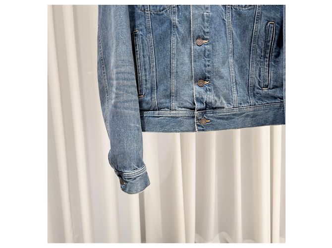 Céline Hood Back Logo Denim Trucker Jacket Blue - view 5