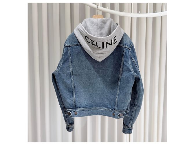 Céline Hood Back Logo Denim Trucker Jacket Blue - view 6