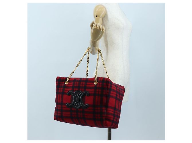 Céline Borsa CELINE Triomphe Chain Large Pliage Patapan in lana rossa e oro Auth 194727SAM Rosso D'oro - vista 24