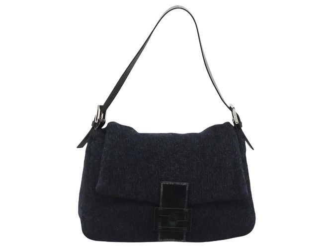 Borsa a tracolla FENDI Mamma Baguette in lana blu navy argento Auth 196191 - vista 13